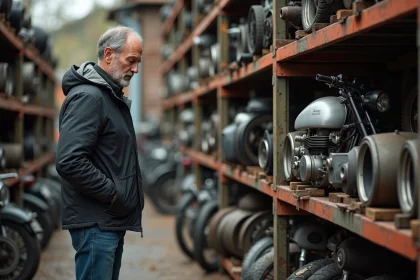 Homme d'âge moyen devant pièces de moto dans un atelier