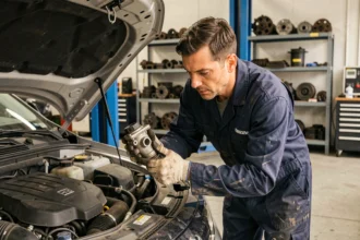 Mécanicien inspectant une vanne EGR défectueuse sur un moteur diesel dans un garage automobile professionnel