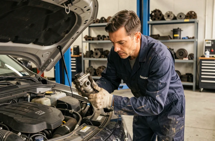 Mécanicien inspectant une vanne EGR défectueuse sur un moteur diesel dans un garage automobile professionnel