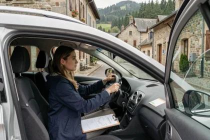 Une jeune conductrice au volant d'une voiture d'auto-école dans une rue typique du Doubs, avec des collines boisées en arrière-plan