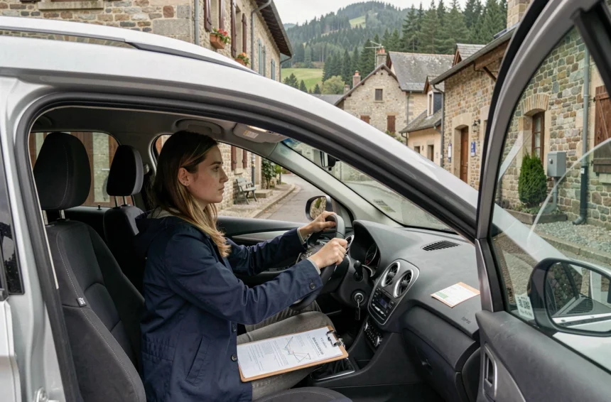 Une jeune conductrice au volant d'une voiture d'auto-école dans une rue typique du Doubs, avec des collines boisées en arrière-plan