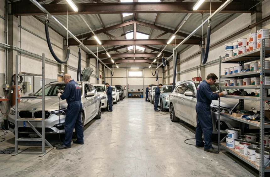 Vue d'ensemble d'un atelier de carrosserie automobile professionnel en Isère avec plusieurs véhicules en cours de réparation