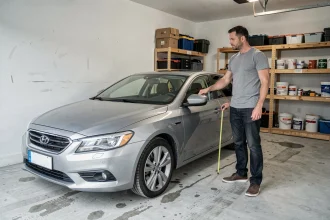 Homme mesurant la longueur d'une voiture garée dans un garage résidentiel avec un mètre ruban