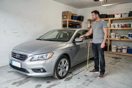Homme mesurant la longueur d'une voiture garée dans un garage résidentiel avec un mètre ruban