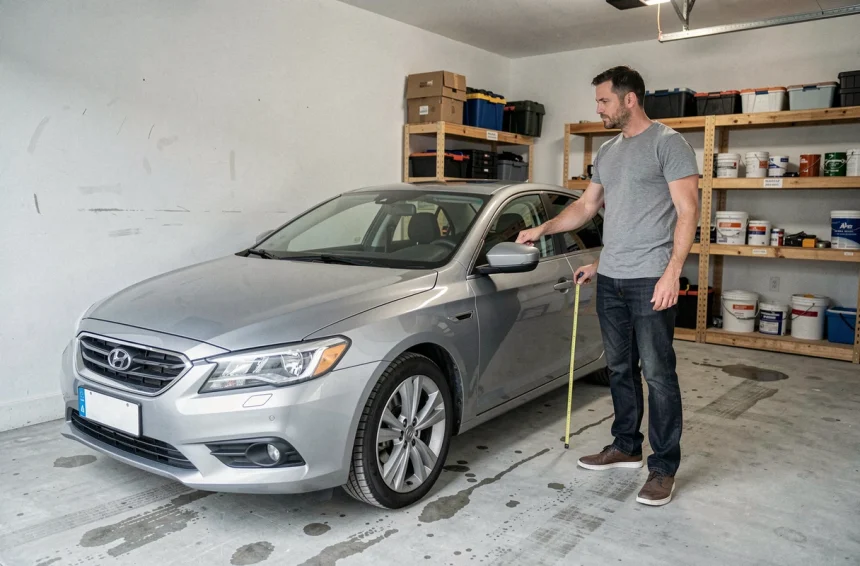 Homme mesurant la longueur d'une voiture garée dans un garage résidentiel avec un mètre ruban