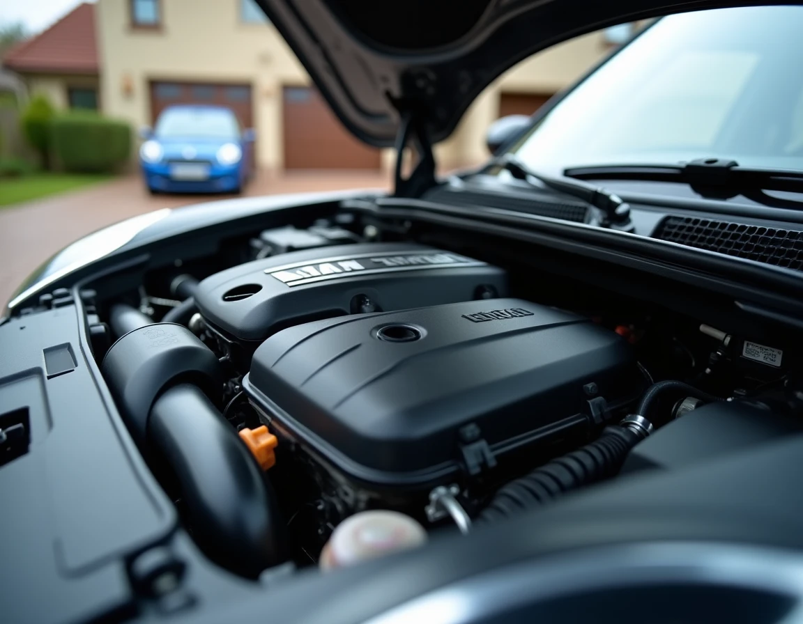 Compartiment moteur d'une Mini Countryman ouvert montrant des traces d'huile et des composants moteur visibles