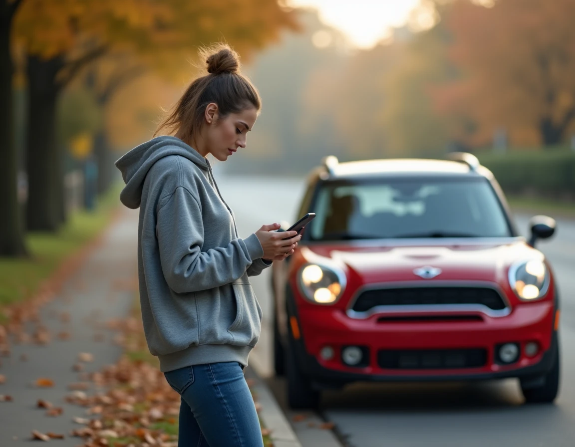 Femme inquiète au bord de la route avec sa Mini Countryman rouge en panne, capot entrouvert
