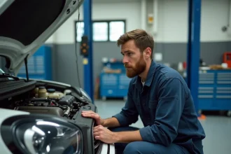 Mécanicien inspectant le moteur d'une Mini Countryman blanche dans un atelier automobile professionnel