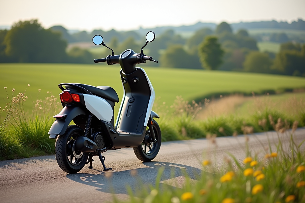 Scooter electrique dans la campagne verte ensoleillee