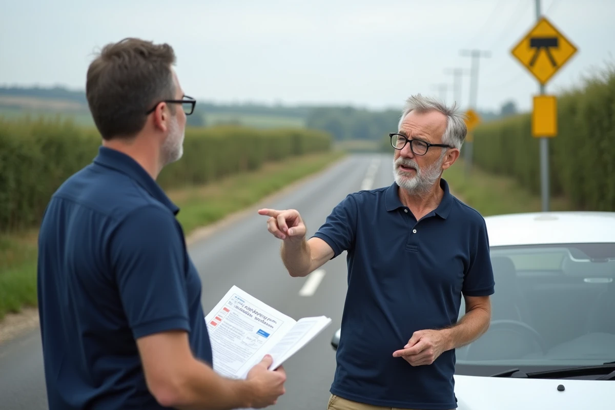 Moniteur auto-école expliquant panneau priorité losange jaune et marquage au sol à un carrefour rural en France