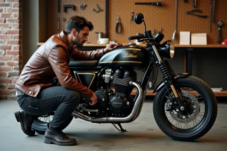 Motard en blouson cuir inspectant sa moto cafe racer vintage dans un garage urbain, illustration pour guide assurance moto café racer