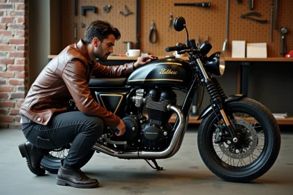 Motard en blouson cuir inspectant sa moto cafe racer vintage dans un garage urbain, illustration pour guide assurance moto café racer