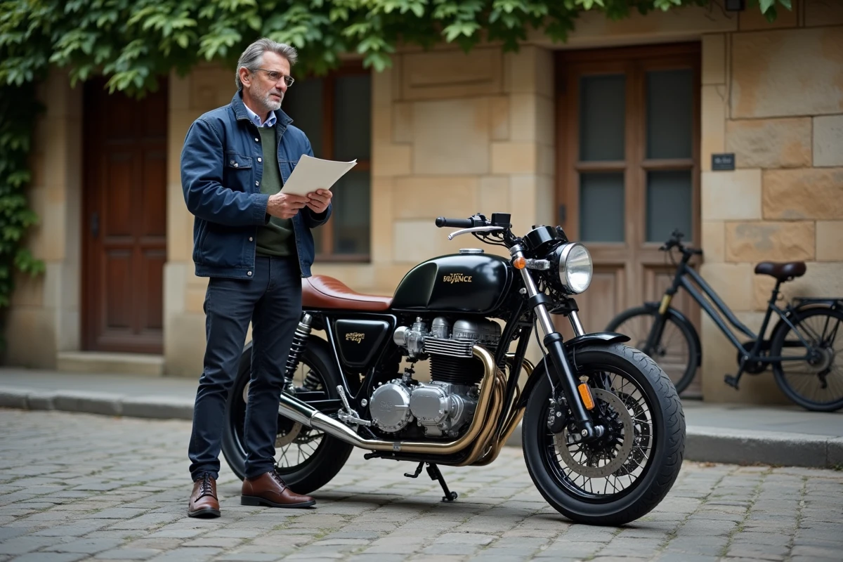 Motard tenant un contrat d'assurance devant sa moto cafe racer garée sur des pavés dans une rue européenne pittoresque