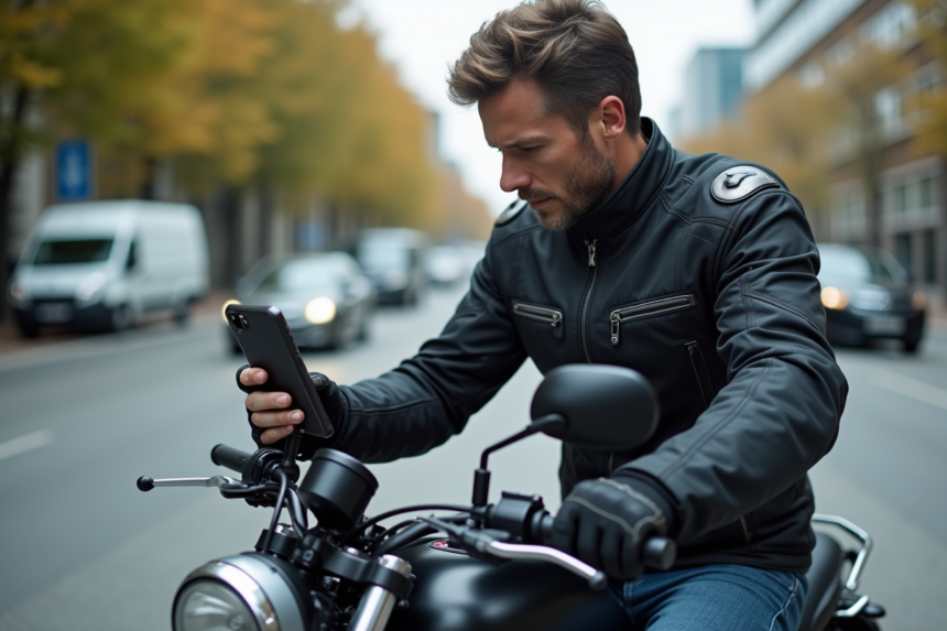 Motard homme en pleine action montage smartphone moto