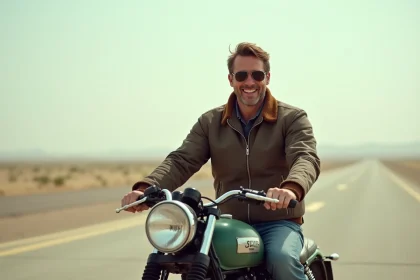 Homme en veste vintage sur moto classique en plein air