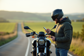 Homme en veste moto vérifiant sa carte sur smartphone en pleine nature