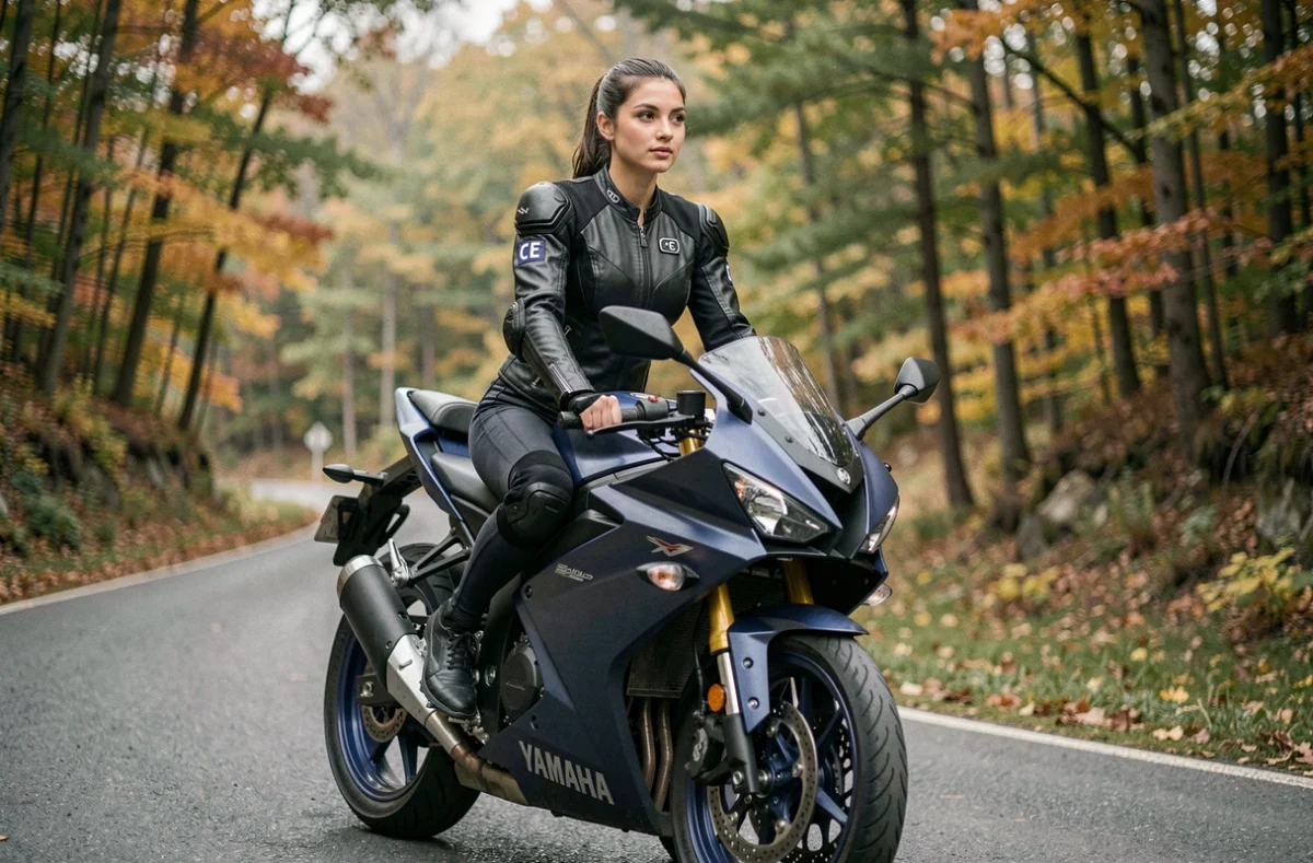 Jeune femme motarde assise sur une Yamaha R7 sur route de campagne en automne, moto accessible jeune permis A2