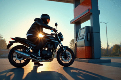 Moto moderne faisant le plein au station essence au matin
