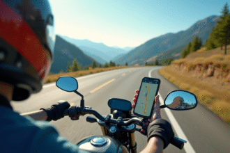 Motocycliste sur route de montagne avec GPS en main