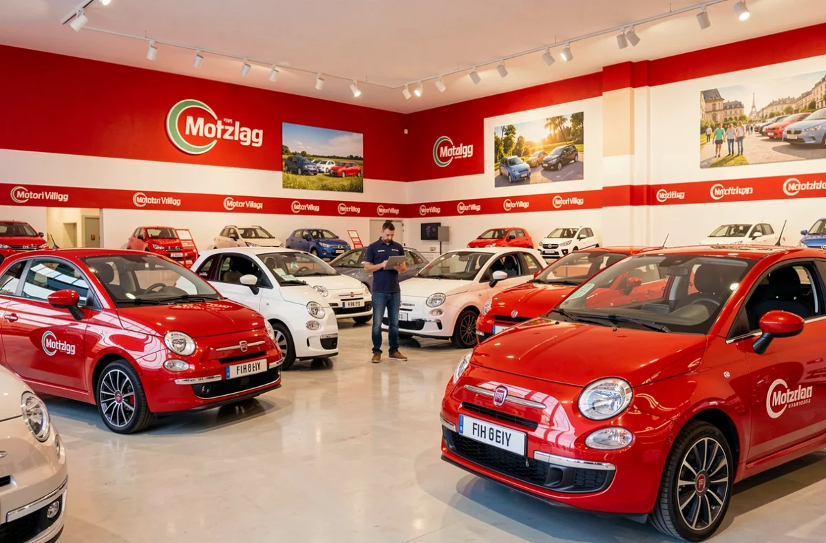 Intérieur du concessionnaire Motor Village Fiat à Paris avec Fiat 500 exposées