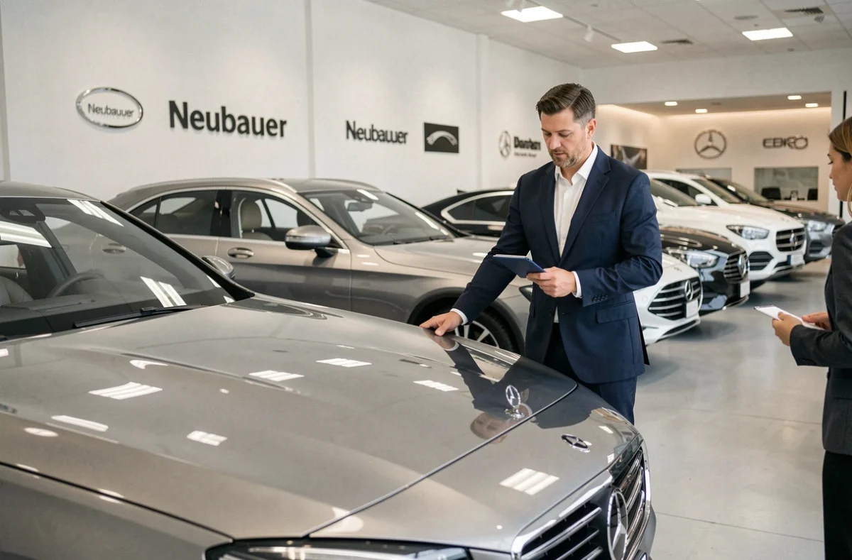 Intérieur du concessionnaire Neubauer avec des voitures de luxe exposées et un conseiller en costume