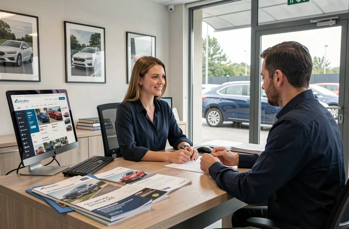 Conseillère commerciale d'Occasions Service SAS aidant un client à finaliser l'achat d'une voiture d'occasion