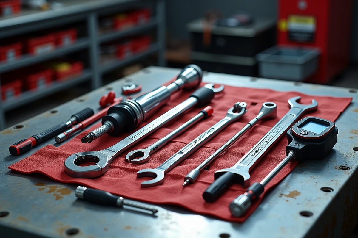 Outillage professionnel de mécanicien auto disposé en flatlay sur un établi d'atelier, incluant clés dynamométriques, clés combinées et tournevis de précision