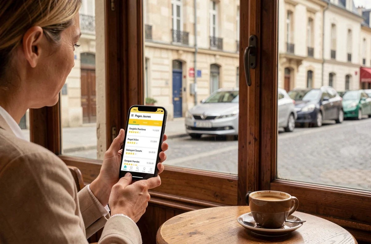 Femme consultant Pages Jaunes sur son smartphone pour rechercher des professionnels de l'occasion automobile dans le département 54