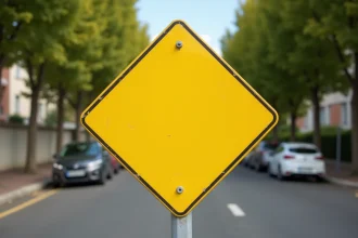 Panneau losange jaune de priorité sur route monté sur poteau métallique dans une rue résidentielle française