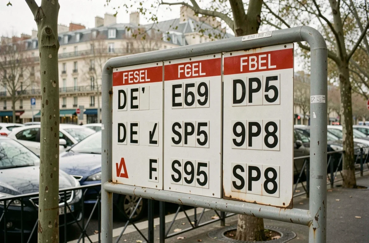 Panneau d'affichage des prix du gasoil et des carburants dans une station-service parisienne avec rue en arrière-plan flou