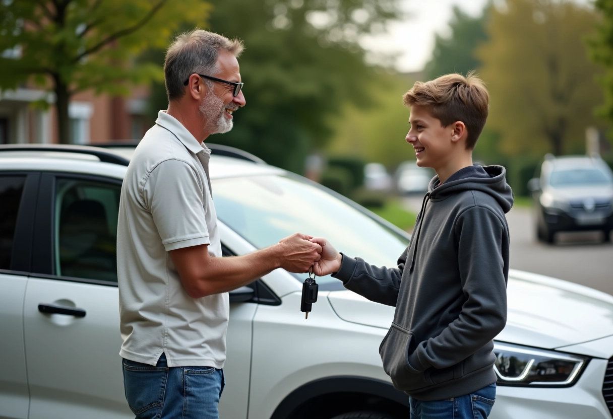 Père donnant les clés à son fils dans une allée de maison