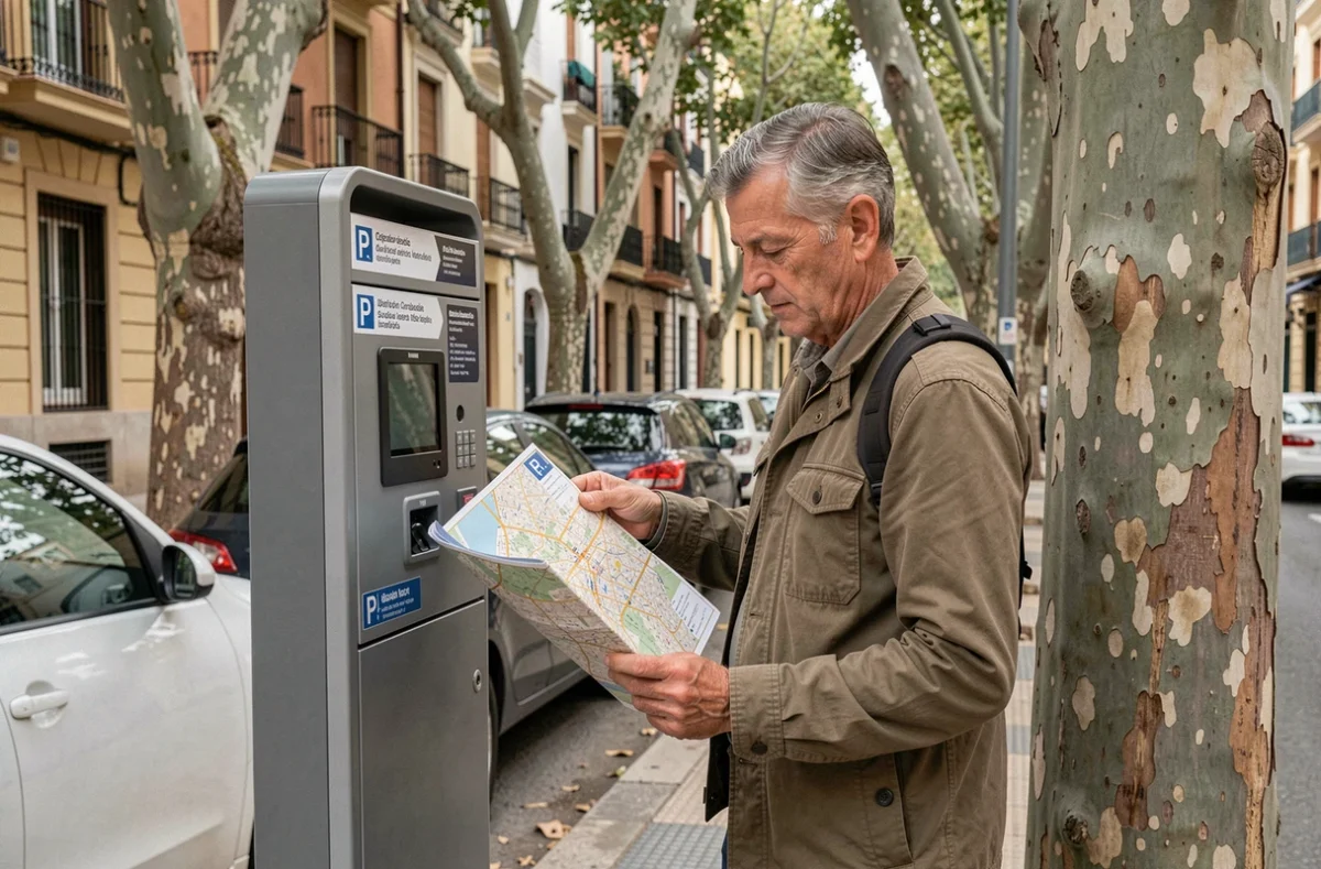 Touriste consultant un parcmètre moderne dans une rue résidentielle de Barcelone