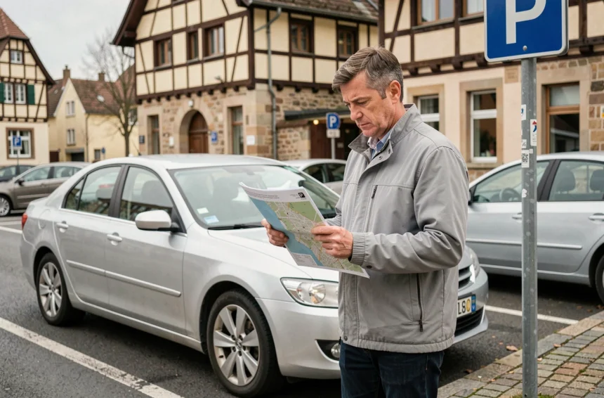Automobiliste consultant un plan de stationnement devant un parking en centre-ville de Colmar avec des maisons alsaciennes en arrière-plan