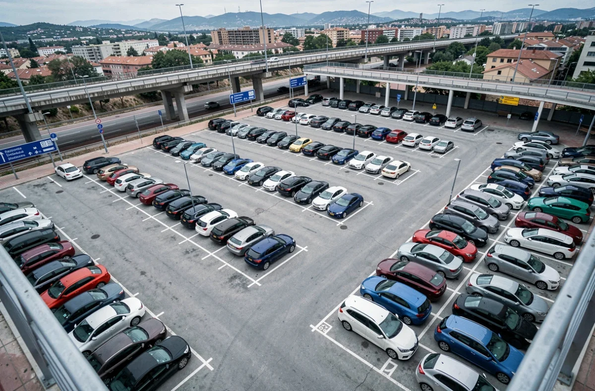 Parking relais gratuit en périphérie de Barcelone près d'une station de métro avec rangées de voitures