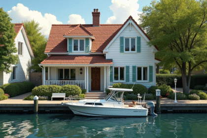 Petit bateau devant maison au bord de l'eau ensoleillée