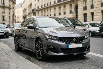 Peugeot 2026 d'occasion garée dans une rue urbaine parisienne, vue de trois quarts avant