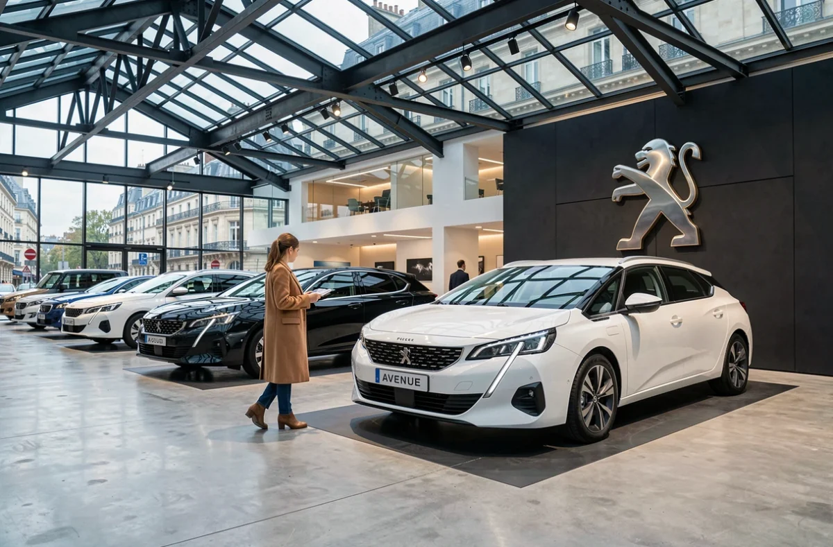 Showroom Peugeot Avenue sur les Champs-Élysées avec modèles récents et visiteurs
