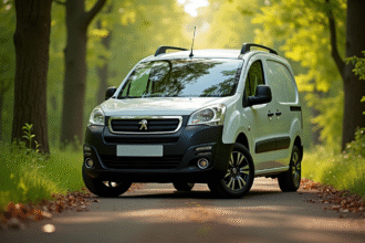 Voiture Peugeot Partner Tepee près d'une forêt verte ensoleillée