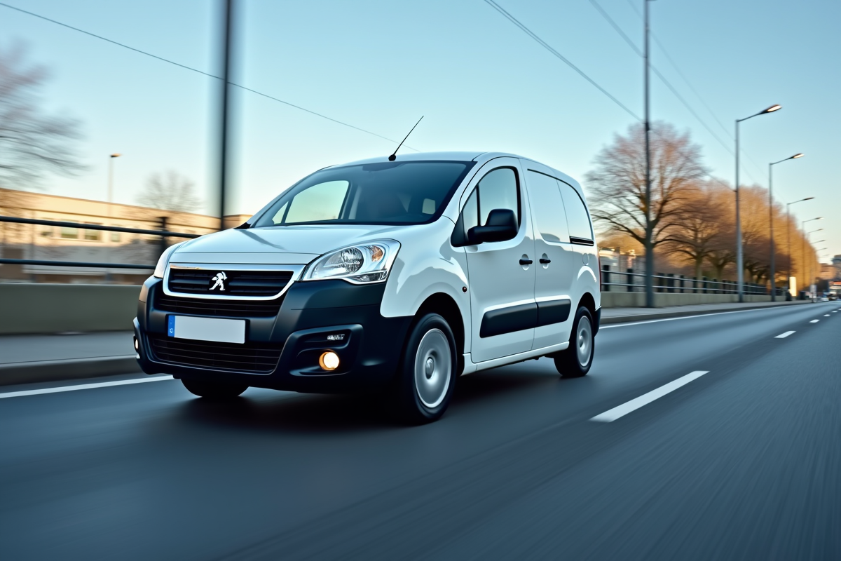 Peugeot Partner Tepee en conduite urbaine sous un ciel bleu