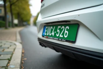 Gros plan d'une plaque d'immatriculation verte française sur une voiture blanche garée en banlieue