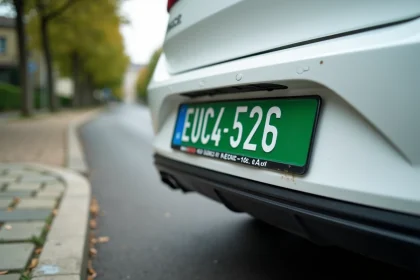 Gros plan d'une plaque d'immatriculation verte française sur une voiture blanche garée en banlieue