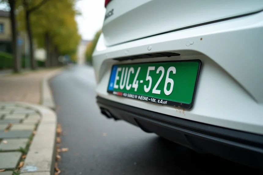Gros plan d'une plaque d'immatriculation verte française sur une voiture blanche garée en banlieue