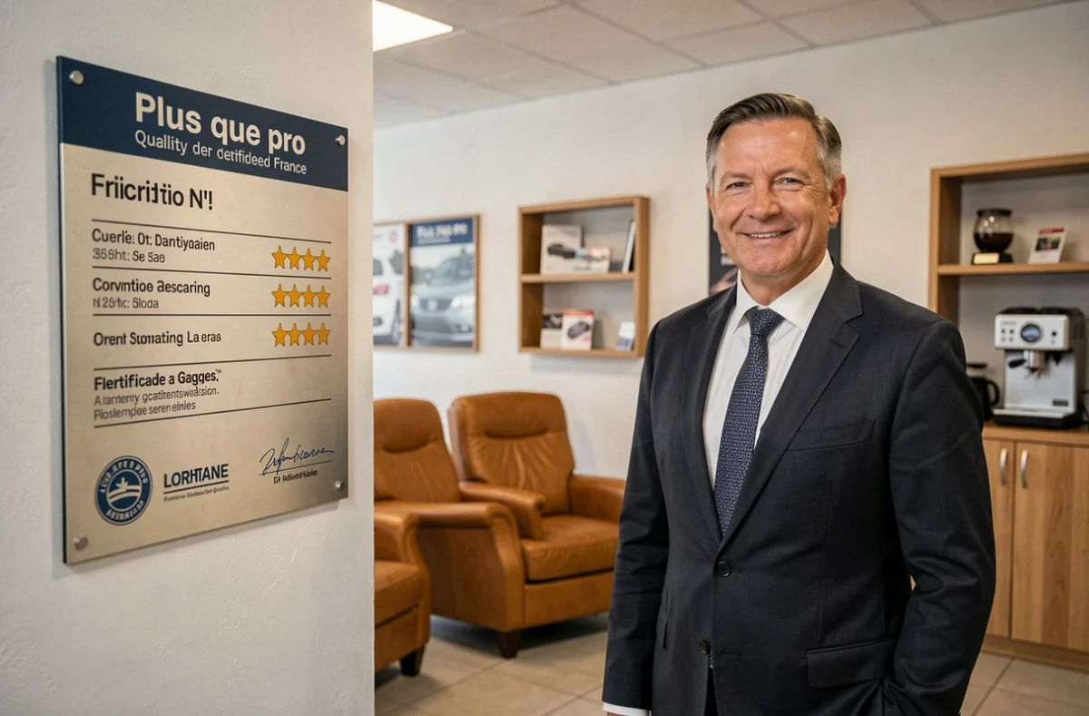 Garagiste certifié Plus que pro en Lorraine présentant son label de qualité et ses avis clients affichés