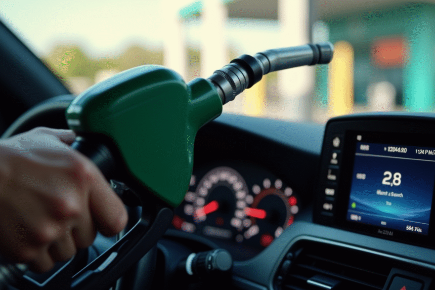 Main tenant une pompe à essence avec tableau de bord moderne