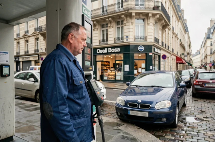 Pompiste en uniforme bleu devant une pompe à gasoil dans un quartier populaire de Paris avec affichage des prix carburant