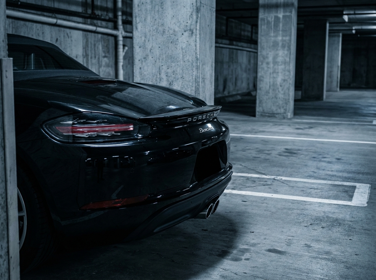 Détail du panneau arrière et des feux d'une Porsche Boxster noire garée dans un parking souterrain en béton, mettant en valeur le badge Porsche
