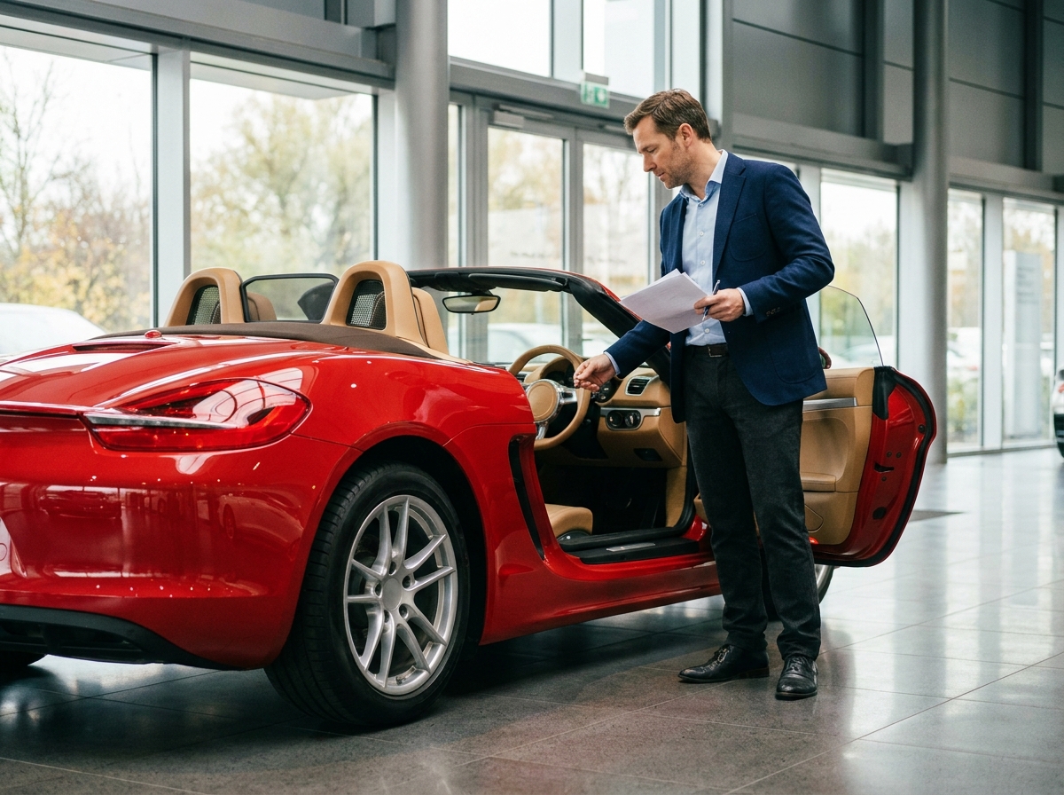 Homme en blazer marine examinant des documents d'assurance à côté d'une Porsche Boxster rouge décapotable dans un showroom moderne