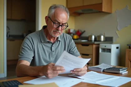 Propriétaire examinant des documents d'assurance après un sinistre avec des traces de dégâts des eaux visibles en arrière-plan