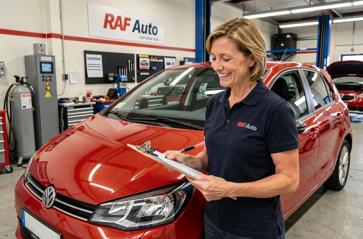 Responsable de RAF Auto en Isère inspectant une voiture rouge fraîchement réparée et polie dans l'atelier de carrosserie