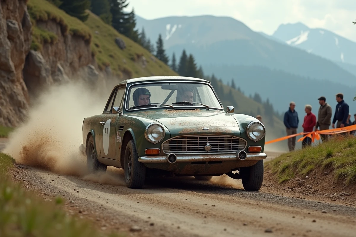 Voiture de rallye vintage en dérapage contrôlé sur une spéciale gravier avec spectateurs en bord de route